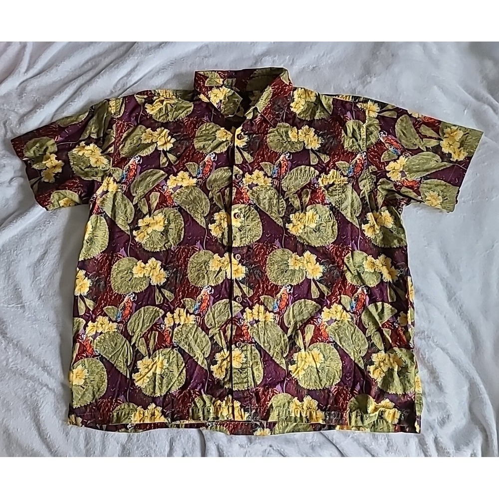Squish Wear Bird Shirt Mens XXL Hawaiian Macaw Floral Tropical Beachy EUC